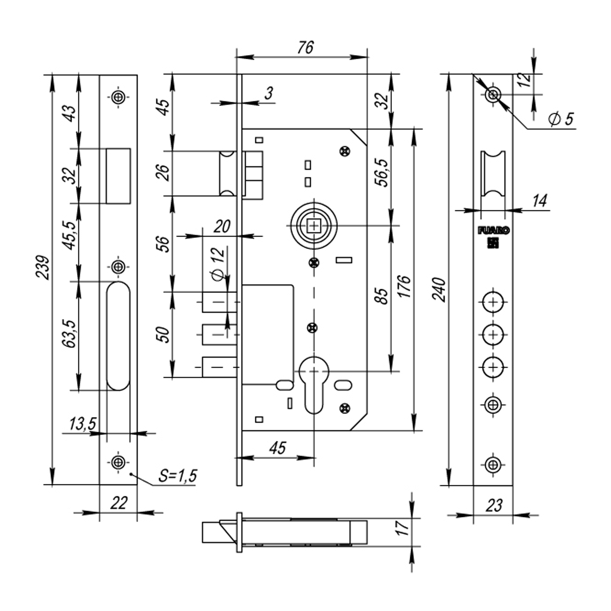 Корпус врезного замка с защёлкой DD900/C-45.85.3MR (900 3MR W/B) PB латунь1