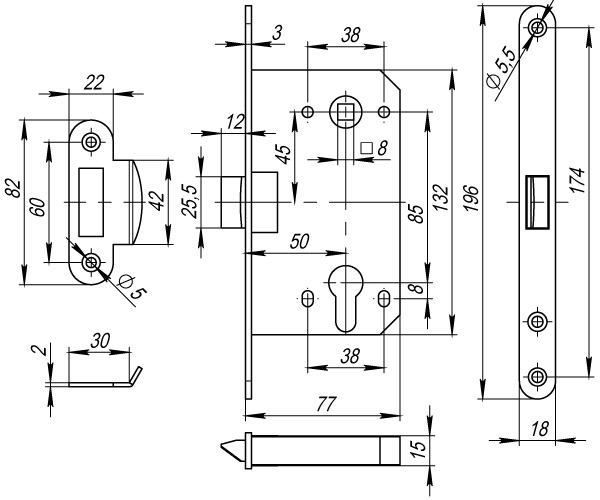 Корпус врезного замка c защёлкой PLASTP85C-50 (P85C-50) GR графит1