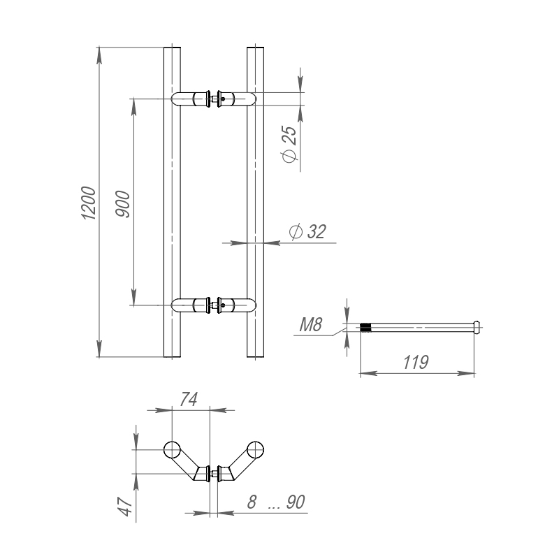Ручка-скоба PULL.PH32/1200.45 INOX 304 (PH-45-32/1200-INOX)1