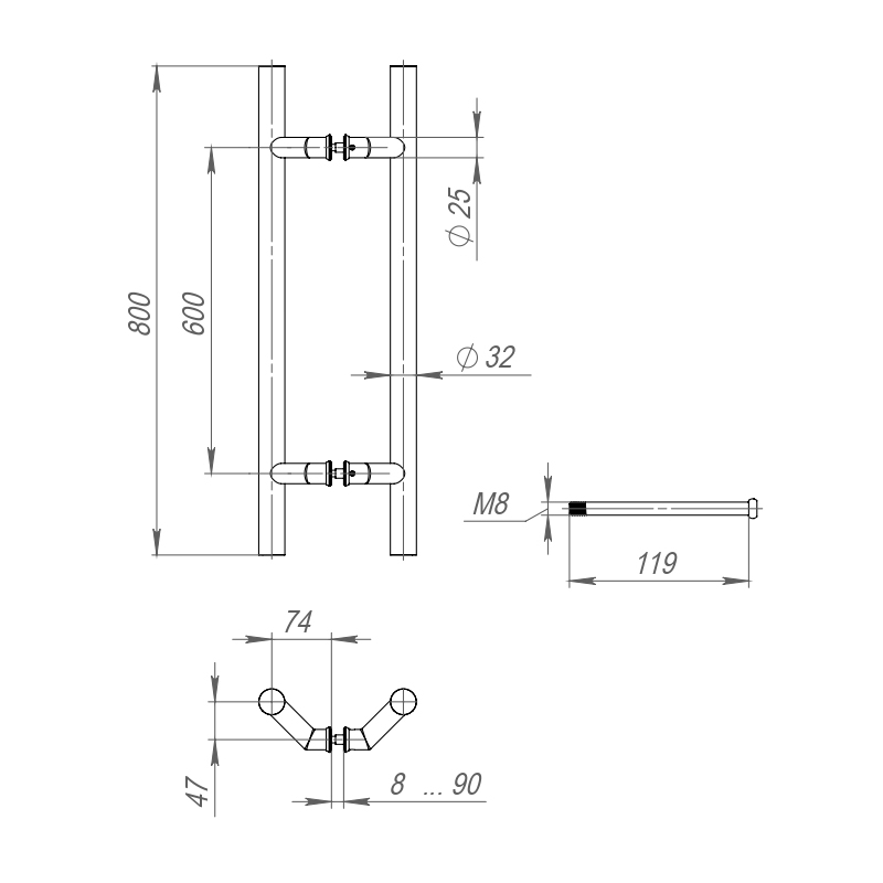 Ручка-скоба PULL.PH32/800.45 INOX 304 (PH-45-32/800-INOX)1