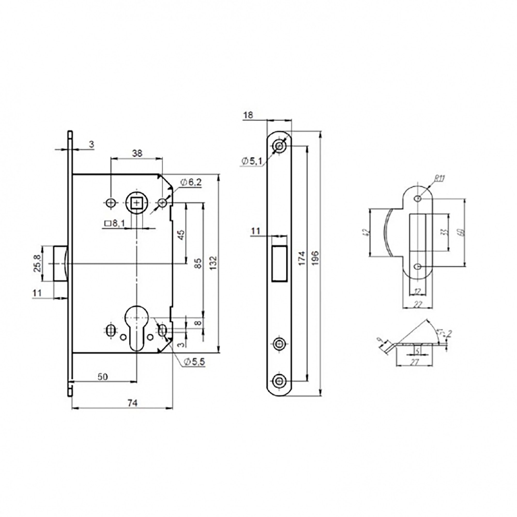 Корпус замка PL85-50/BL SN (мат.никель)1